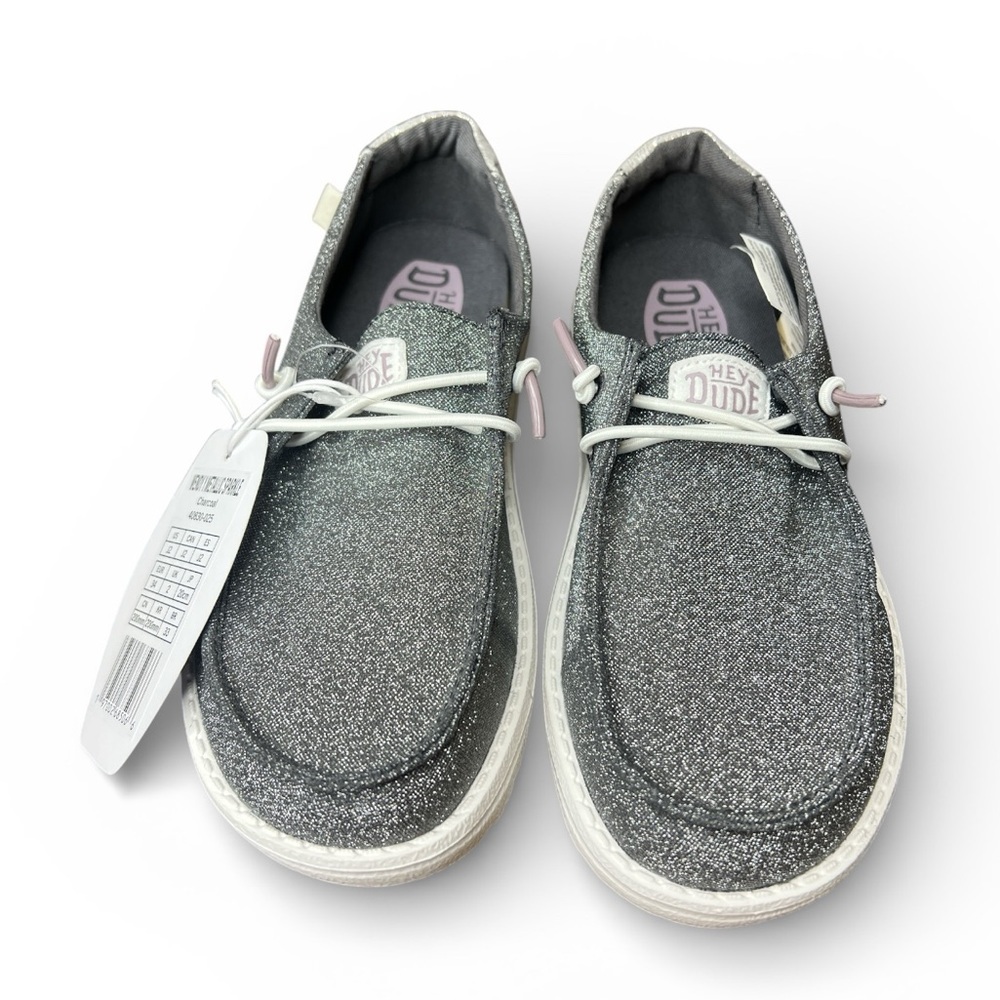 Hey Dude Wendy Metallic Charcoal Grey Youth Size 2 Lace Up Moccasin New - Picture 4 of 9
